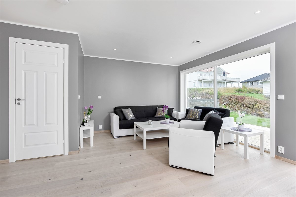 Det er god plass for både sofagruppe og spisebord. Galleribilde