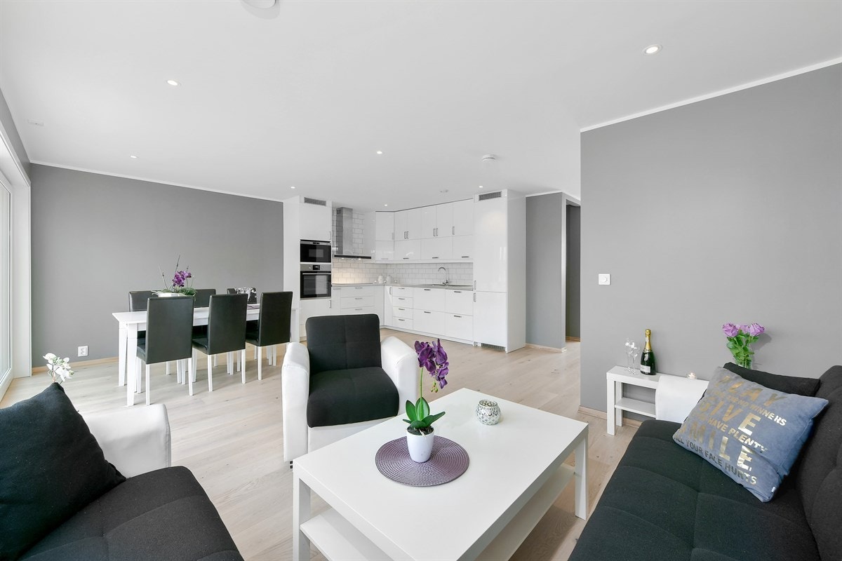 Stue- og kjøkkenløsningen er meget god da dette rommet gir rikelig med plass å bruke. Det er god plass til sofa, spisegruppe, interiør osv. Galleribilde