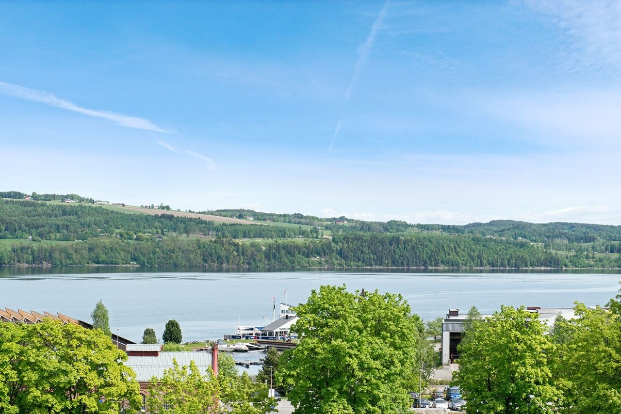 Utsikt mot havneområdet ved Mjøsa med båthavn, havnepub og Mjøspromenaden Galleribilde