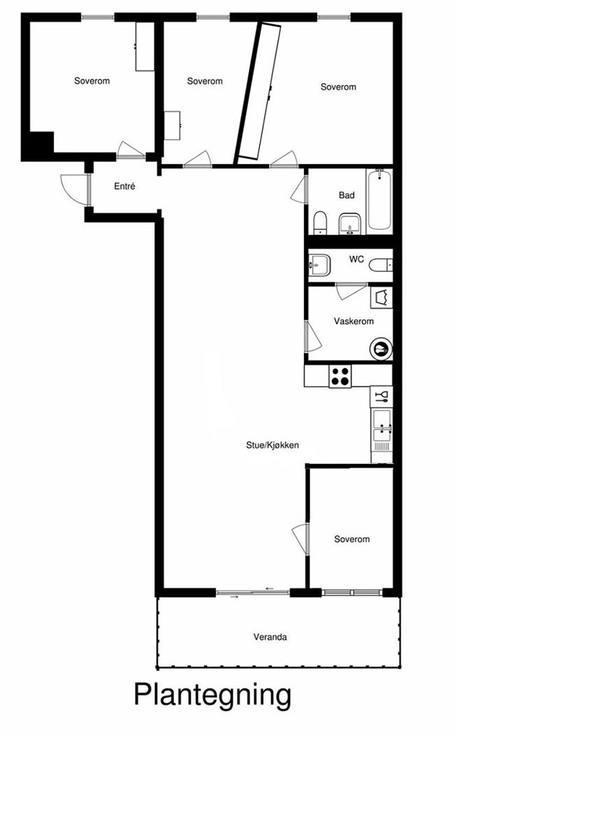 Alternativ plantegning med ekstra soverom med endret kjøkken Galleribilde