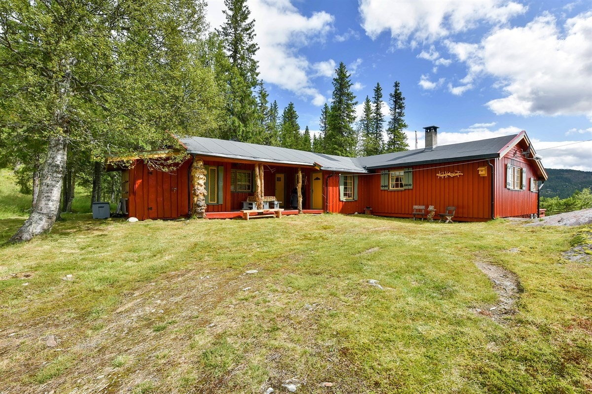 Det er privat bilvei helt frem til hytta og gode parkeringsmuligheter på eget tun. Rundt hytta er det tre flotte uteplasser som gjør at det er lett å følge solen og hvor frokosten kan nytes i solveggen sommer som vinter. Galleribilde