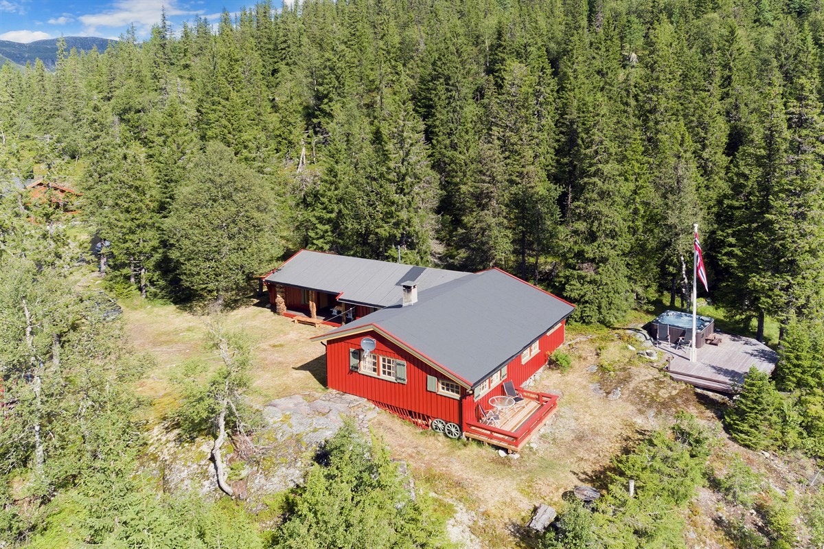 Terrenget rundt hytta består av noe gressplen, fjell og naturtomt, samt flotte områder som på høsten bugner av blåbær, tyttebær og multer. Galleribilde