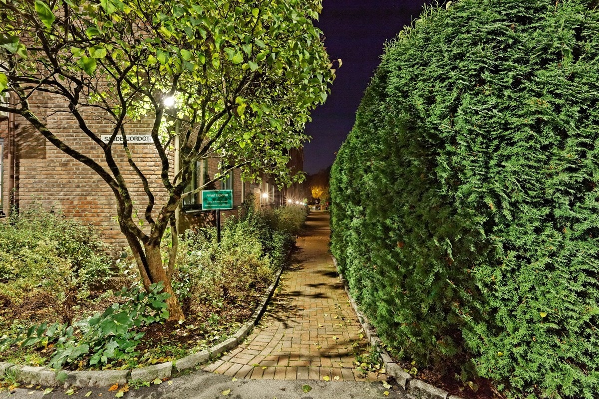 Tomten er pent opparbeidet med plen, prydbusker og diverse beplantning. Galleribilde