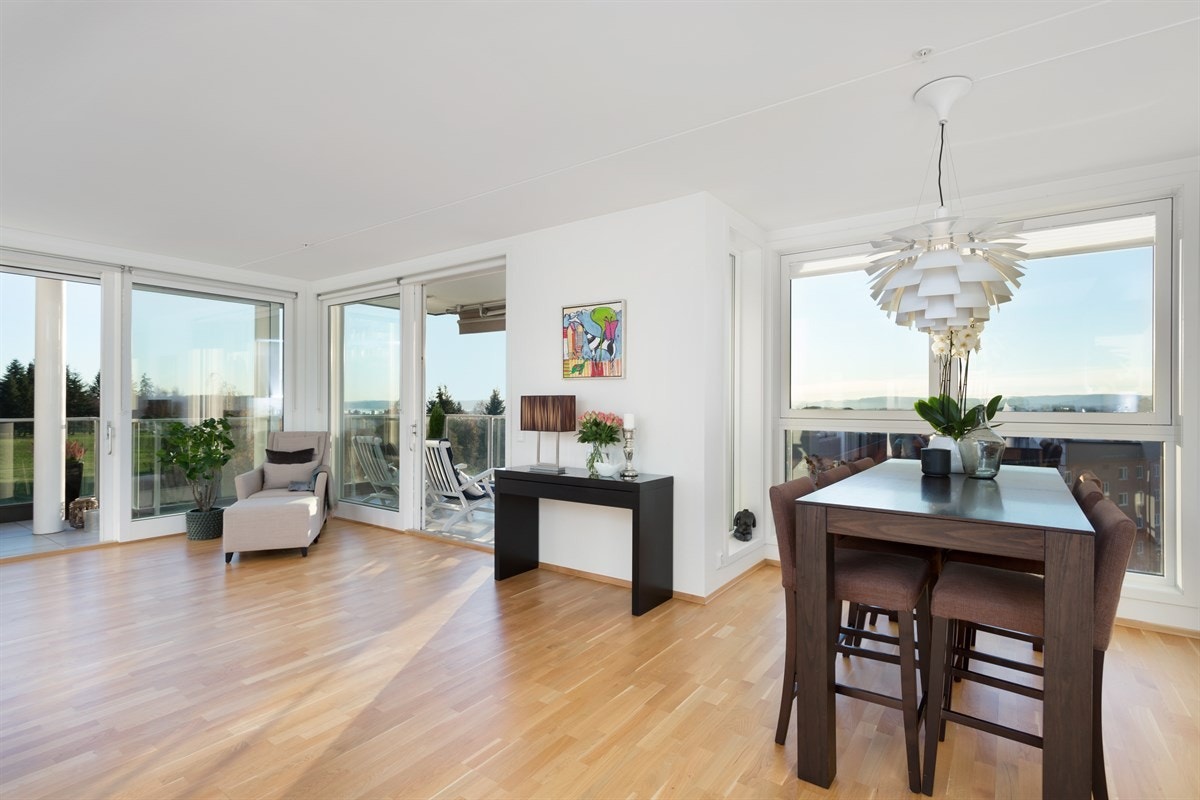 Stuen har god plass til både sittegrupper og spisebord Galleribilde