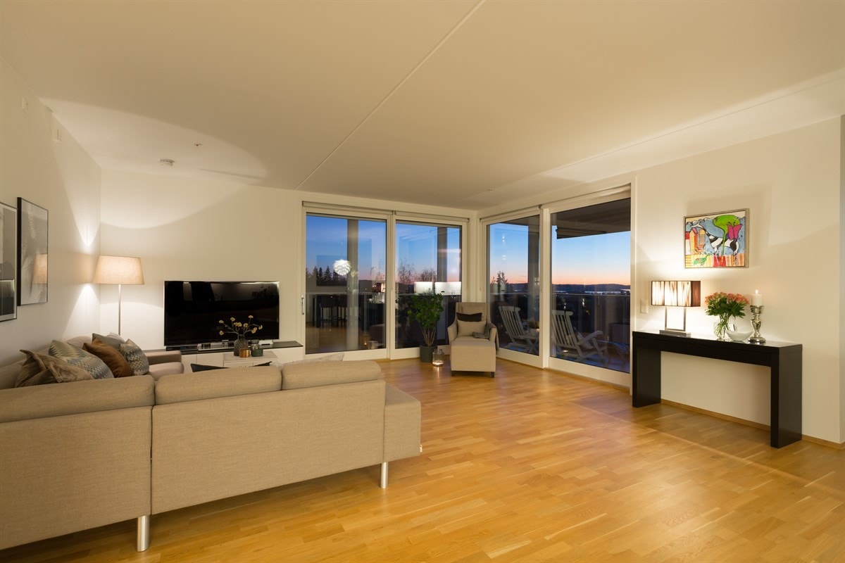 Flott stue med store vindusflater og god plass til flere sittegrupper. Galleribilde