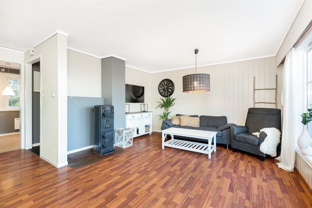 TV-stue med mulighet for vedfyring Galleribilde