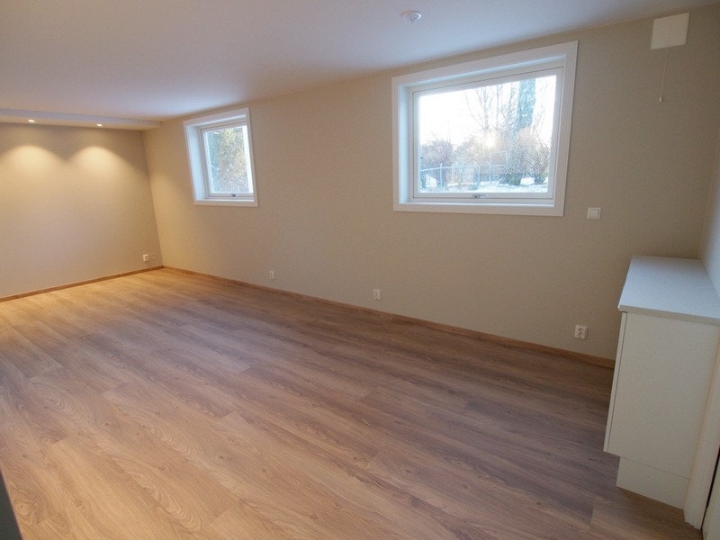 Godt med lys. Utsikt ut til hage og skog. Galleribilde