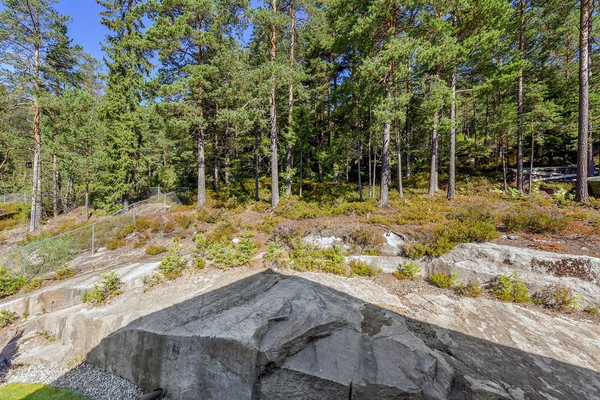 Det er etablert støttemurer i naturstein i de ulike nivåene i terrenget og en tretrapp opp fra gårdsplass til øvre del av tomten. Galleribilde