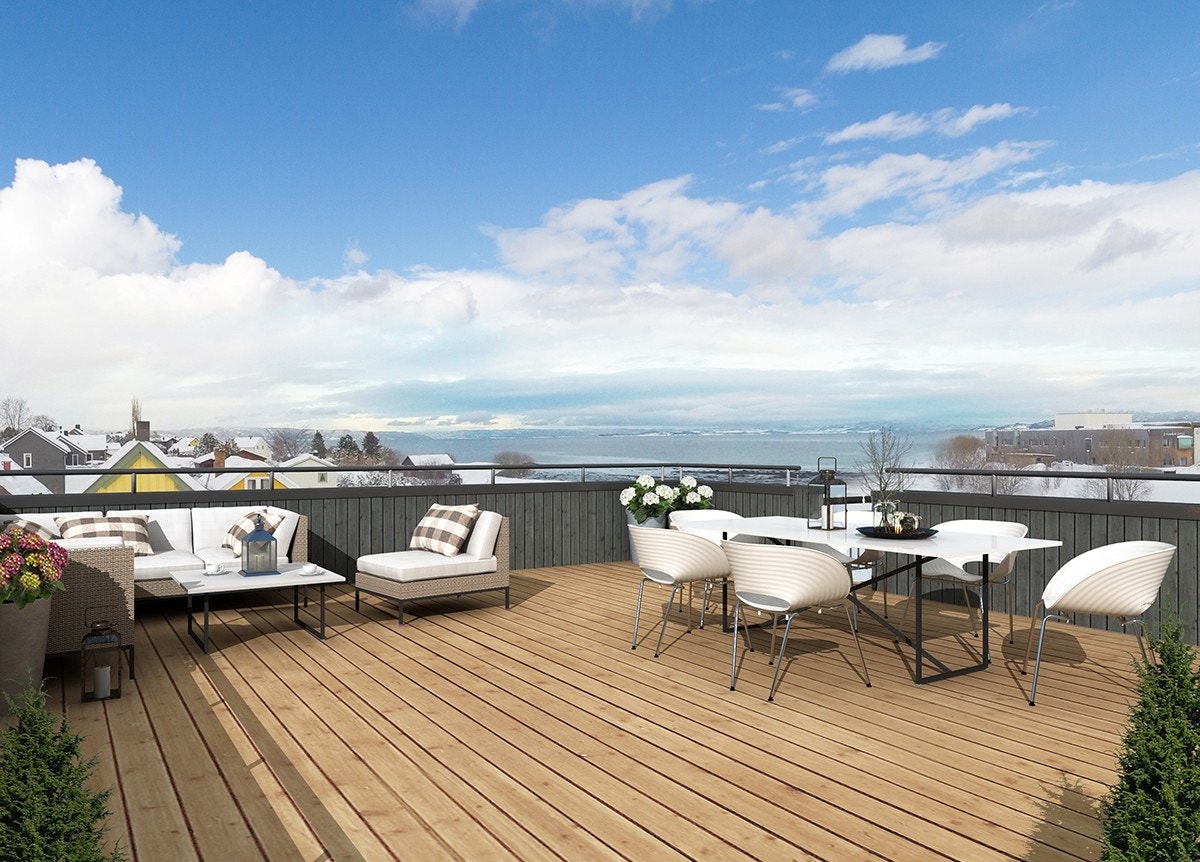 Takterrasse over hele takflaten, gir flott utsikt og gode solforhold. Galleribilde