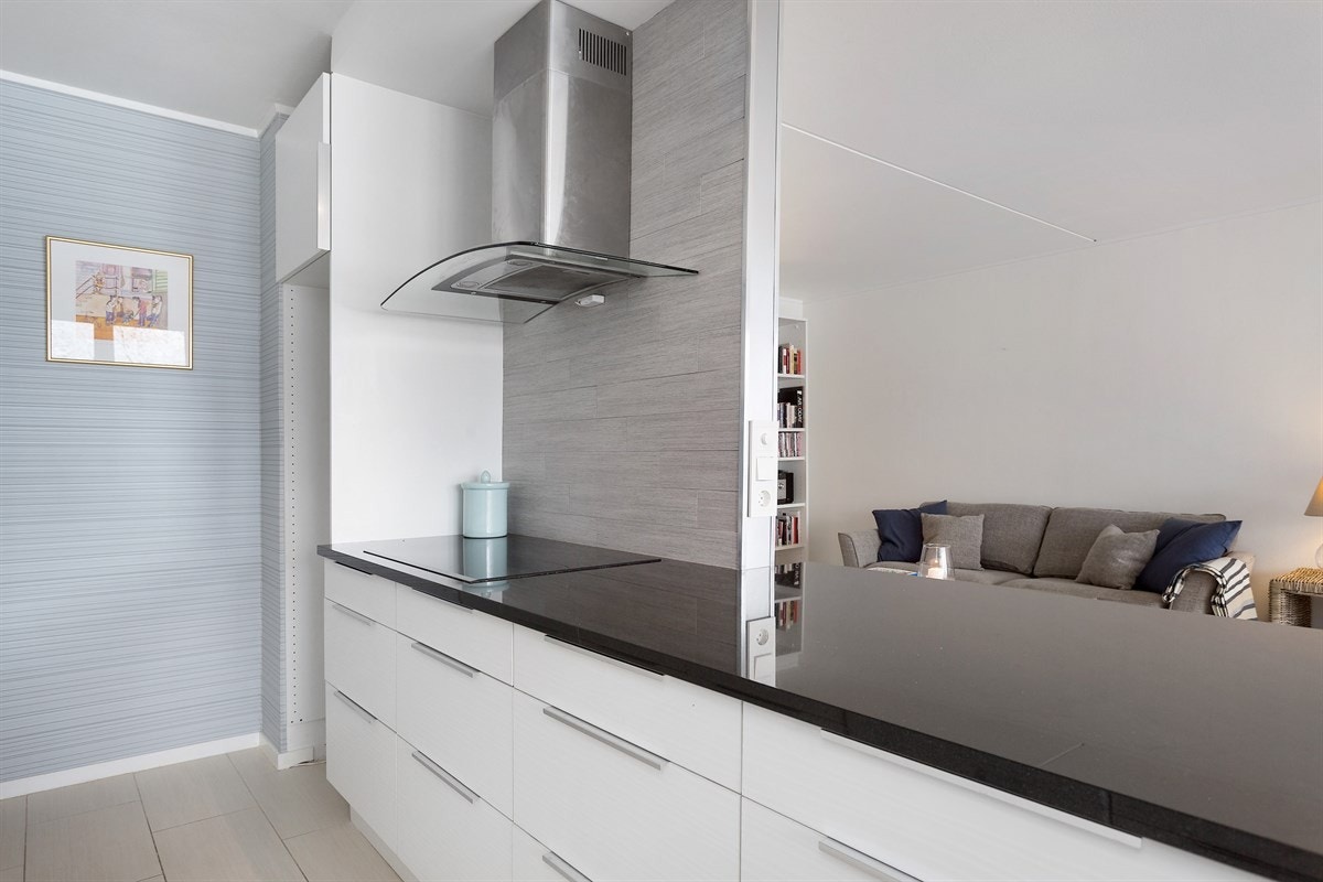 Granitt benkeplate med underlimt kum, induksjonstopp, avtrekkshette i stål/glass, integrert komfyr, opplegg for oppvaskmaskin og nisje for kjøl/frys. Galleribilde