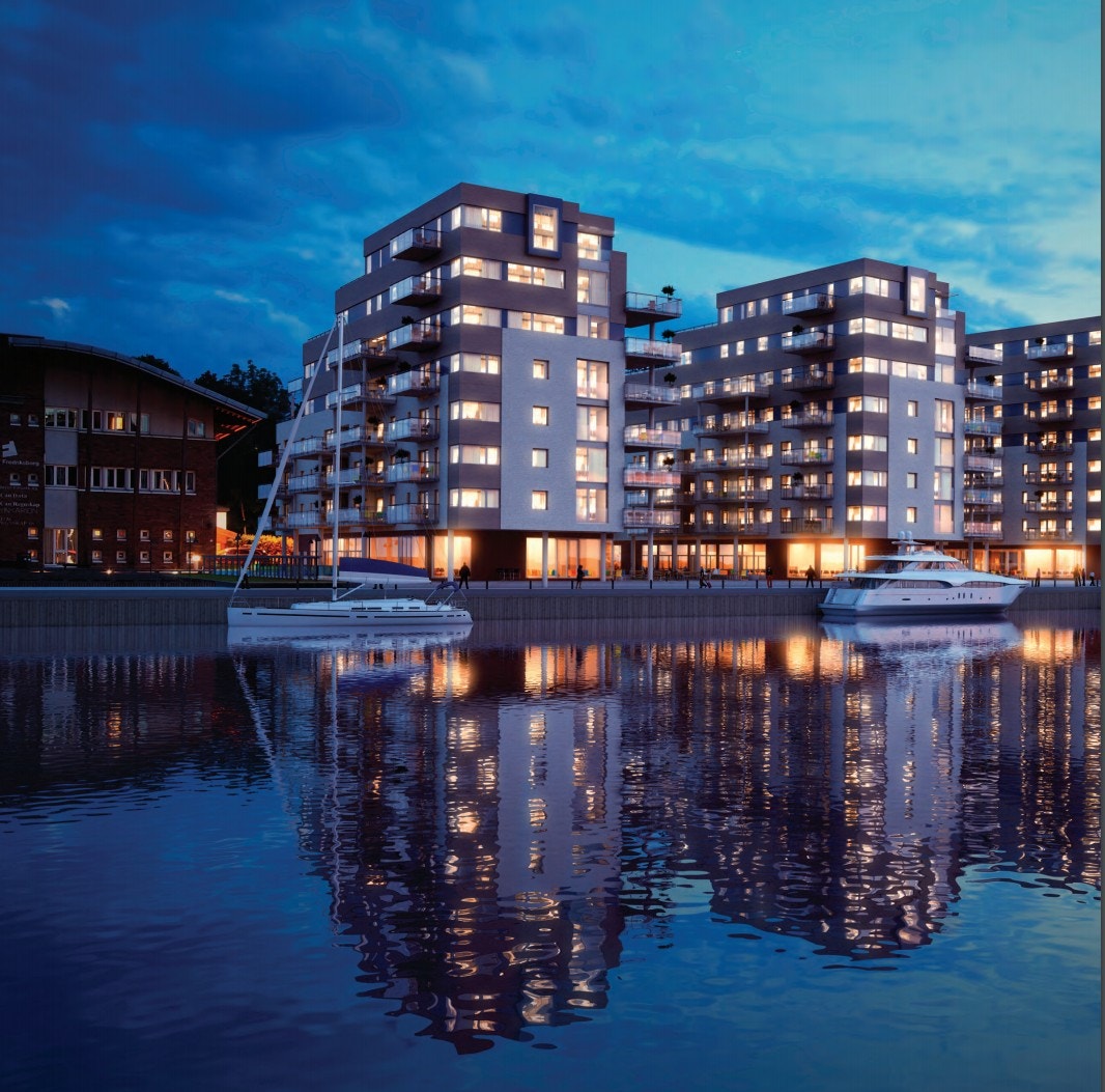 Stemningsbilde kveld, leiligheten ligger i den midterste blokka Galleribilde