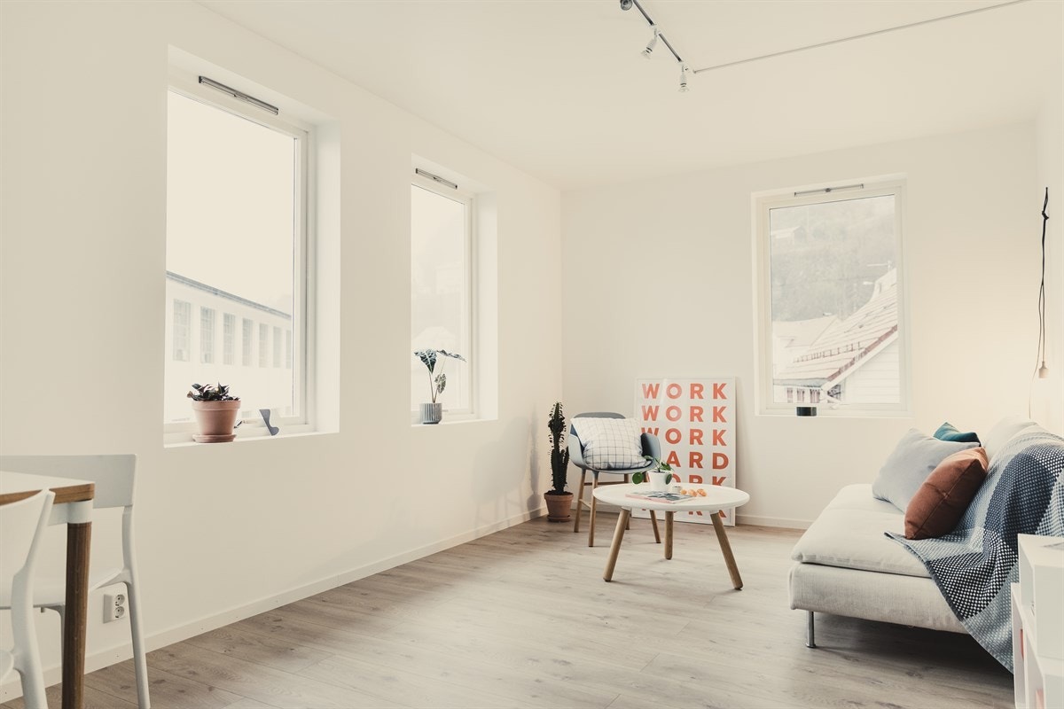 Her kan det innredes med sofagruppe, bord og hyller. Galleribilde