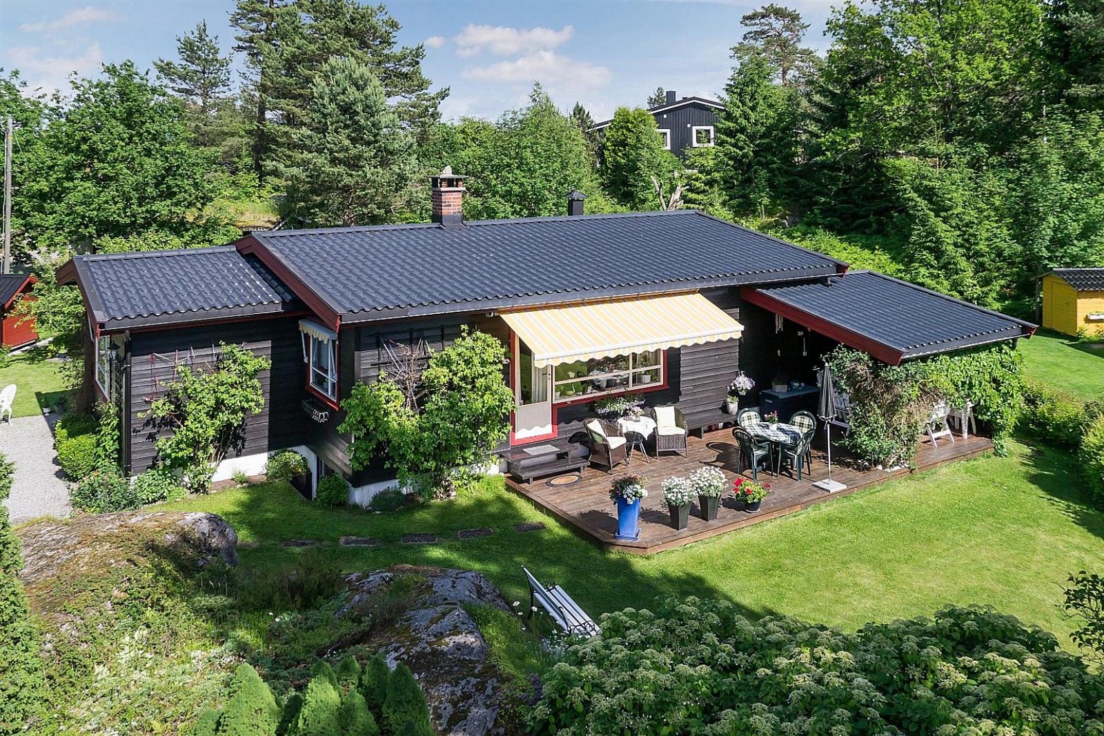 Videre har tomten prydbusker, trær, blomsterbed, fjell i dagen, samt grusbelagt adkomstvei og gårdsplass. Galleribilde
