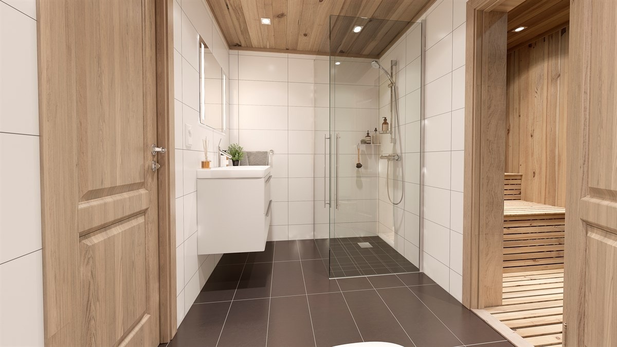 Baderom med sauna i begge leilighetstyper. Galleribilde