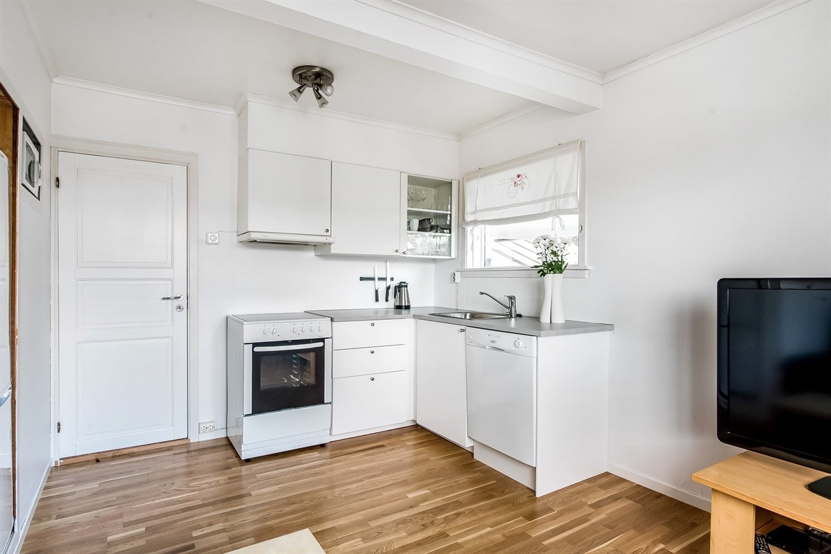 Sokkelleilighet i kjeller med stue og kjøkken i åpen løsing. Galleribilde