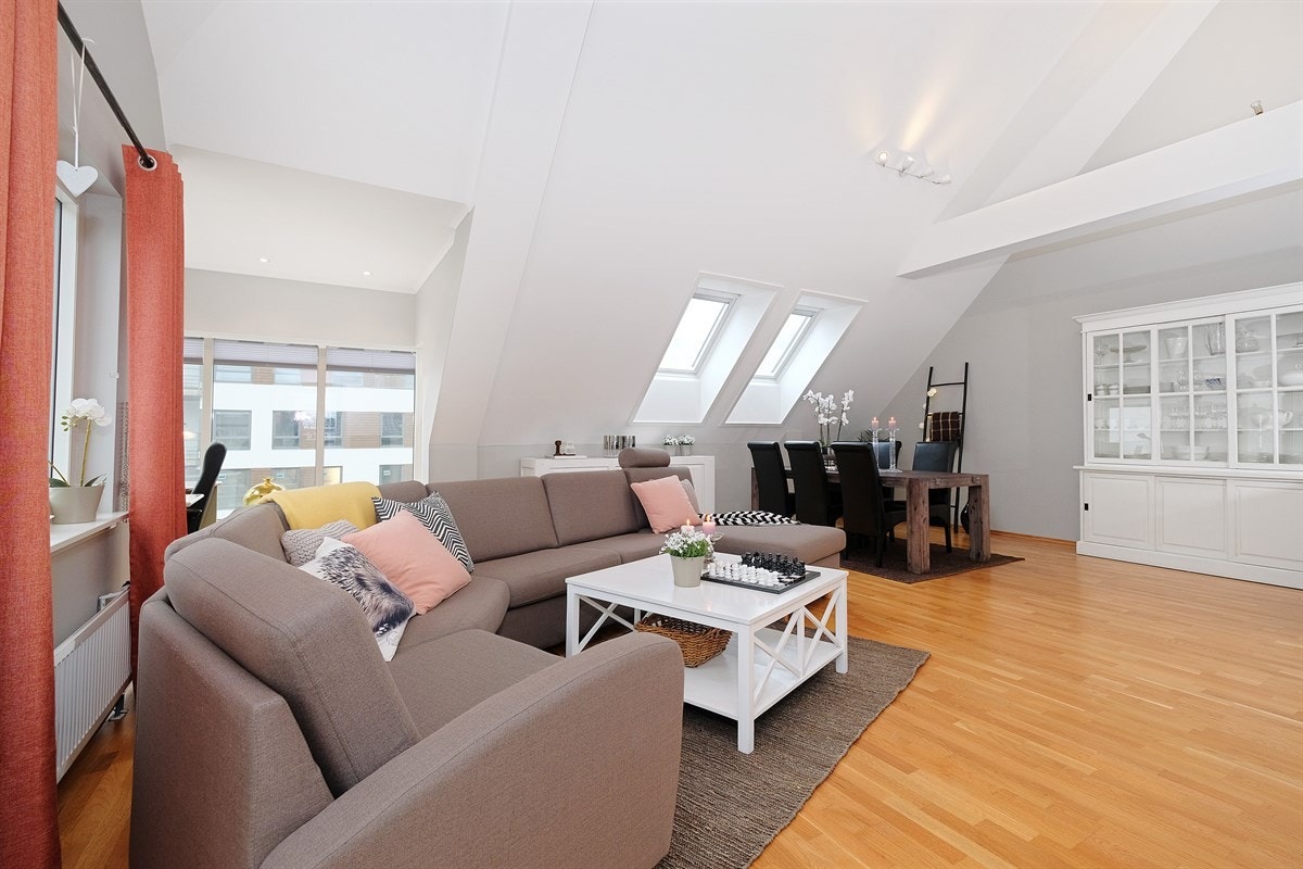 Stor og romslig stue med plass for både sofa og spisebord Galleribilde