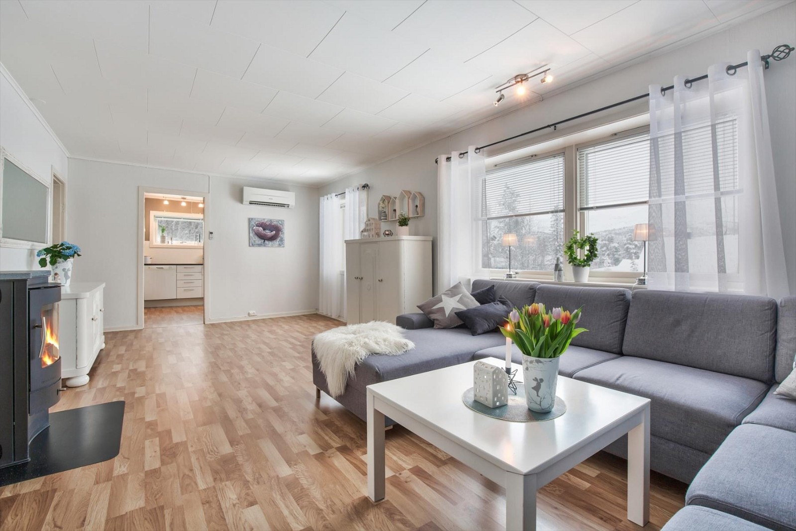 Stue med lyse overflater, varmepumpe og vedovn. Galleribilde