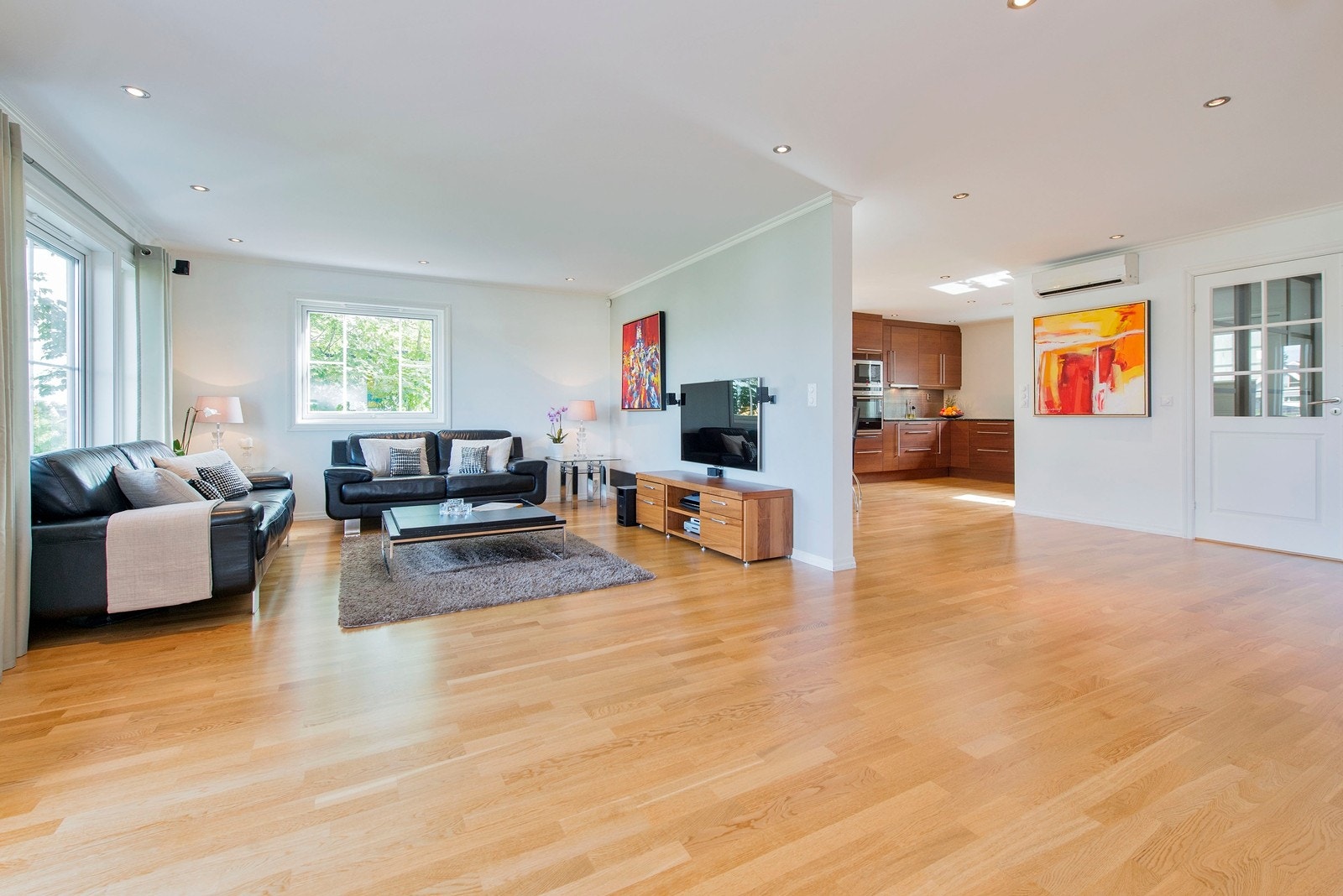 Stue med gasspeis og utgang til terrasse og hage Galleribilde