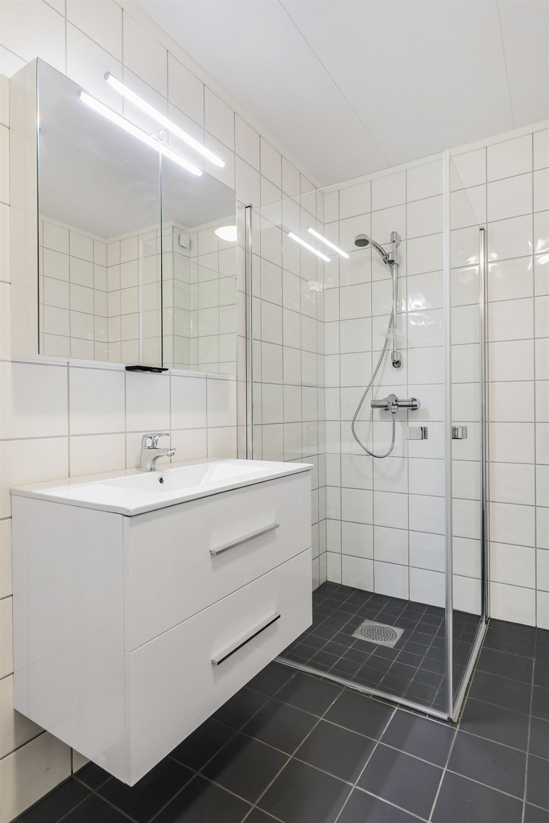 Rommet innehar servantskap, veggskap og speil med overbelysning. Galleribilde