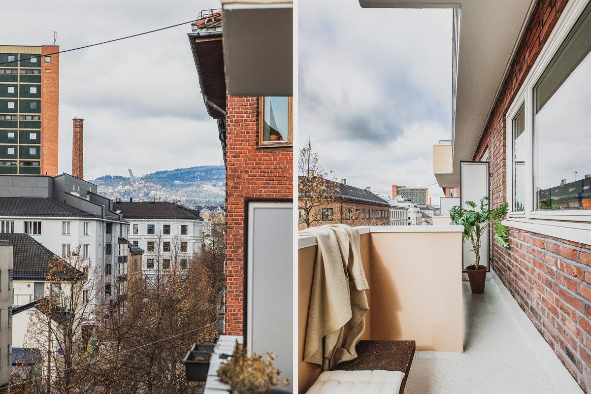 Utendørs på balkongen får du i tillegg med deg solens gang andre del av dagen, samt utsyn mot mye himmel samt siktlinje mot Holmenkollen i nordvest Galleribilde