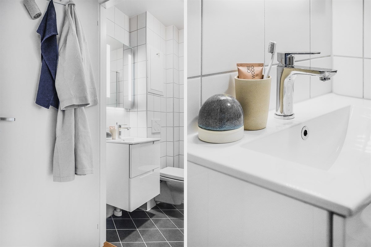 Badet er av et mer kompakt format, men arealet er velutnyttet med avsatt plass til en frontmatet vaskemaskin. Dusjhjørnet har glassdører som kan svinges inn og opptar dermed lite plass utenom bruk. Galleribilde