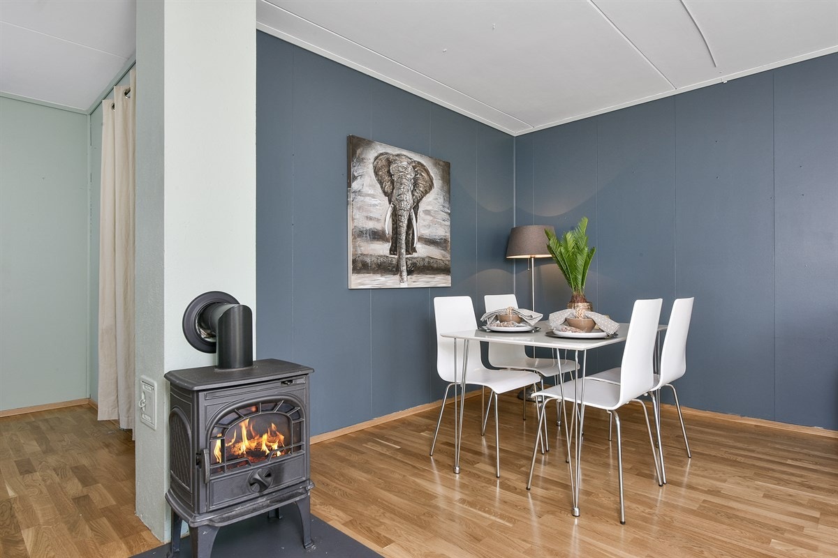 Rommet er utstyrt med en klassisk vedovn med glassdør for ekstra varme og hygge. Galleribilde