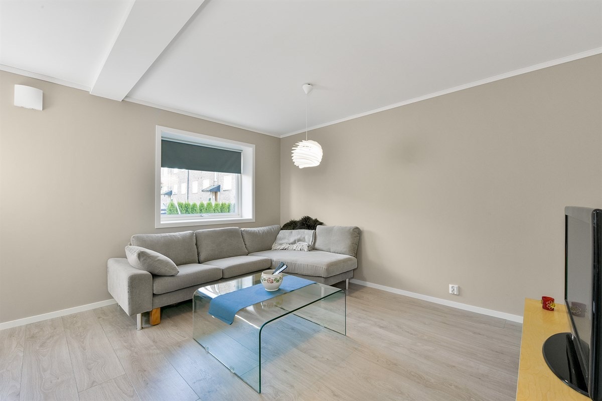 Leiligheten har en lekker stue med laminat på gulv og dus farge på vegger. Galleribilde