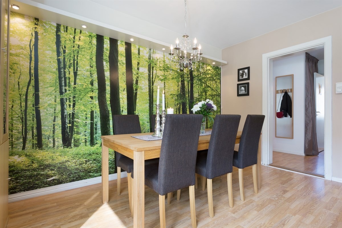 Andre naboer har valgt å plassere kjøkken langs denne veggen i stuen. Galleribilde