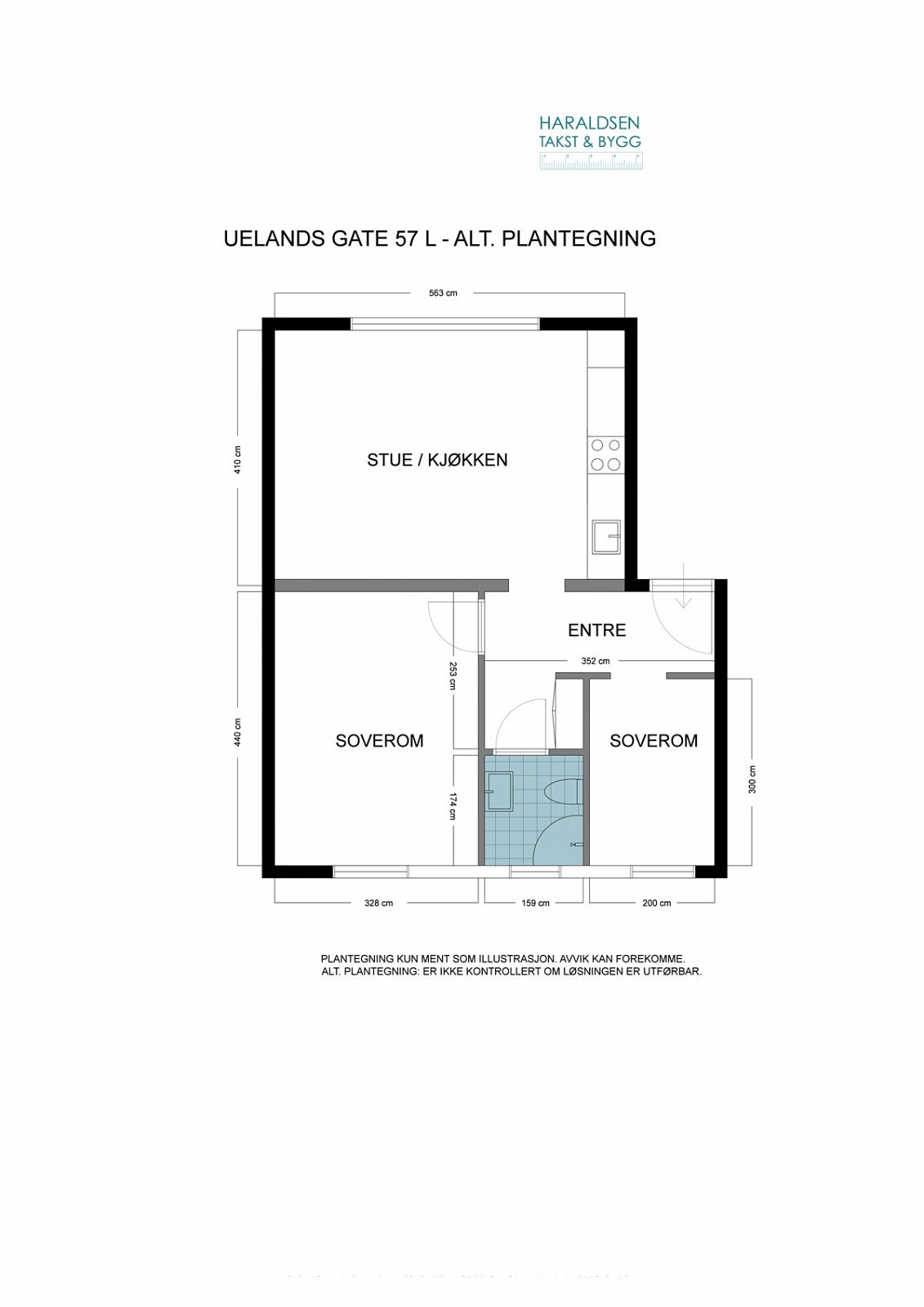 Alternativ planskisse - Mulighet til å gjøre om til 3-roms leilighet ved å flytte kjøkkenet ut i den store stuen og dermed få 2 soverom inn mot bakgården. Galleribilde