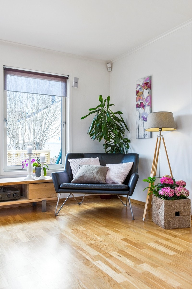 Stor åpen stue med utgang til usjenert terrasse Galleribilde