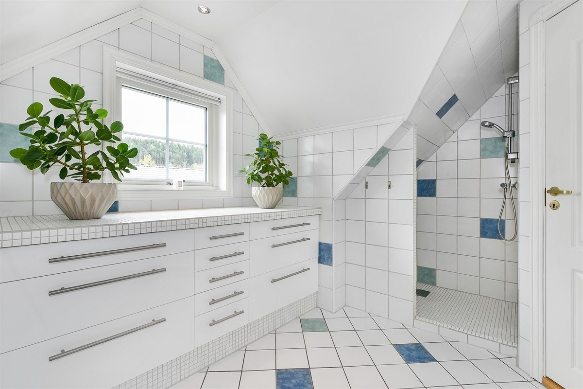Videre er det brede, flislagte benkeplater i mosaikk, hvor servanten er nedfelt i den ene benken. På veggen over servanten er det stort speil med overbelysning. Galleribilde