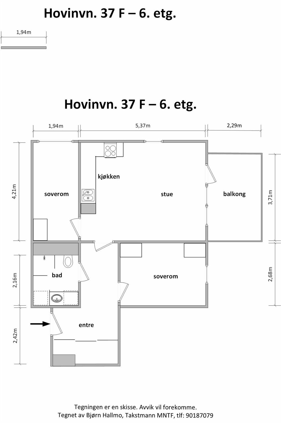 Plantegning med mål Hovinveien 37 F Galleribilde