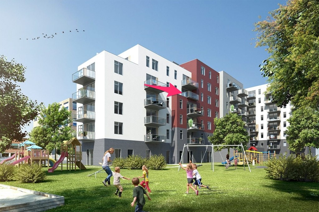 Leilighet markert med rød pil. Vender mot gårdsrom. Galleribilde