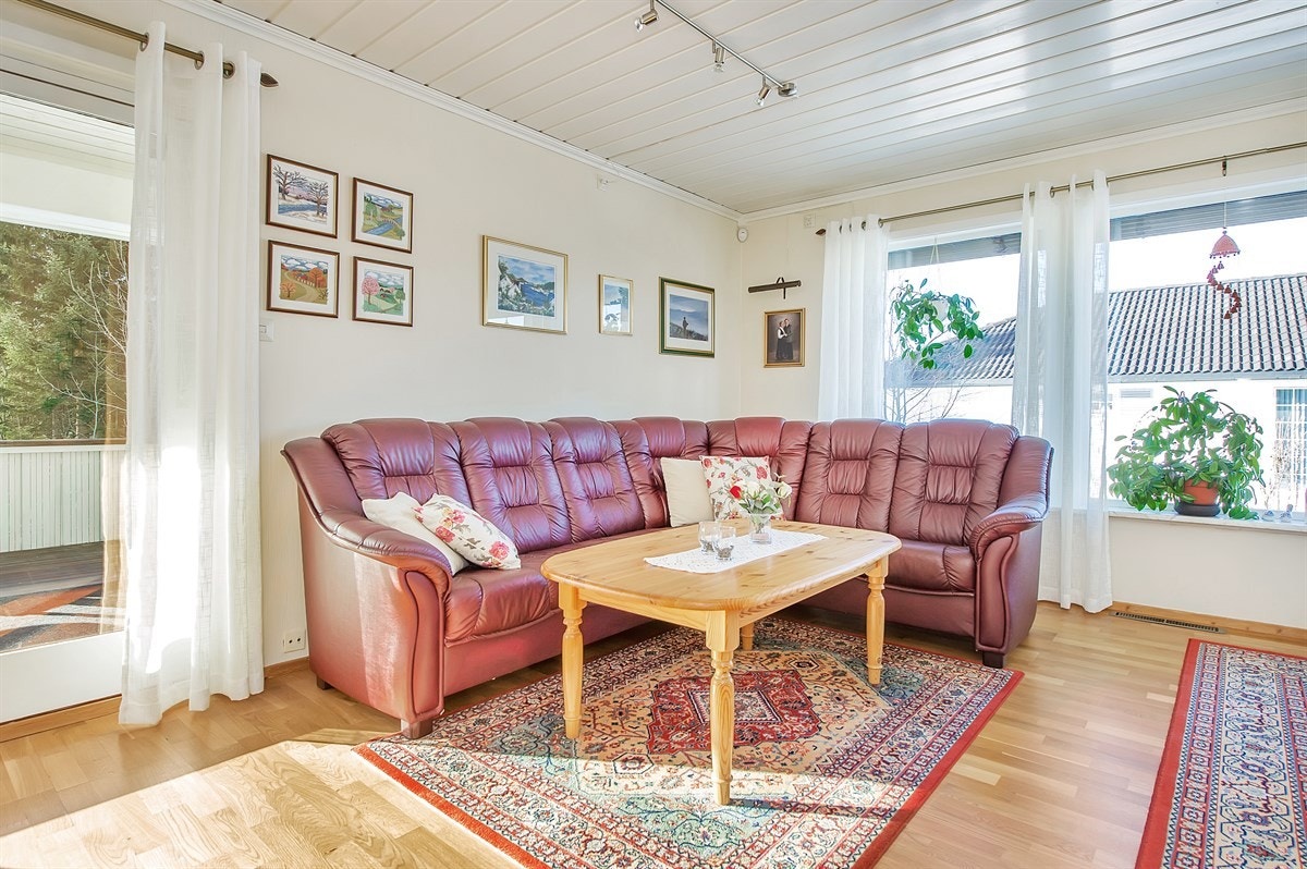 Hyggelig sofahjørne, og stue med mye naturlig dagslys Galleribilde