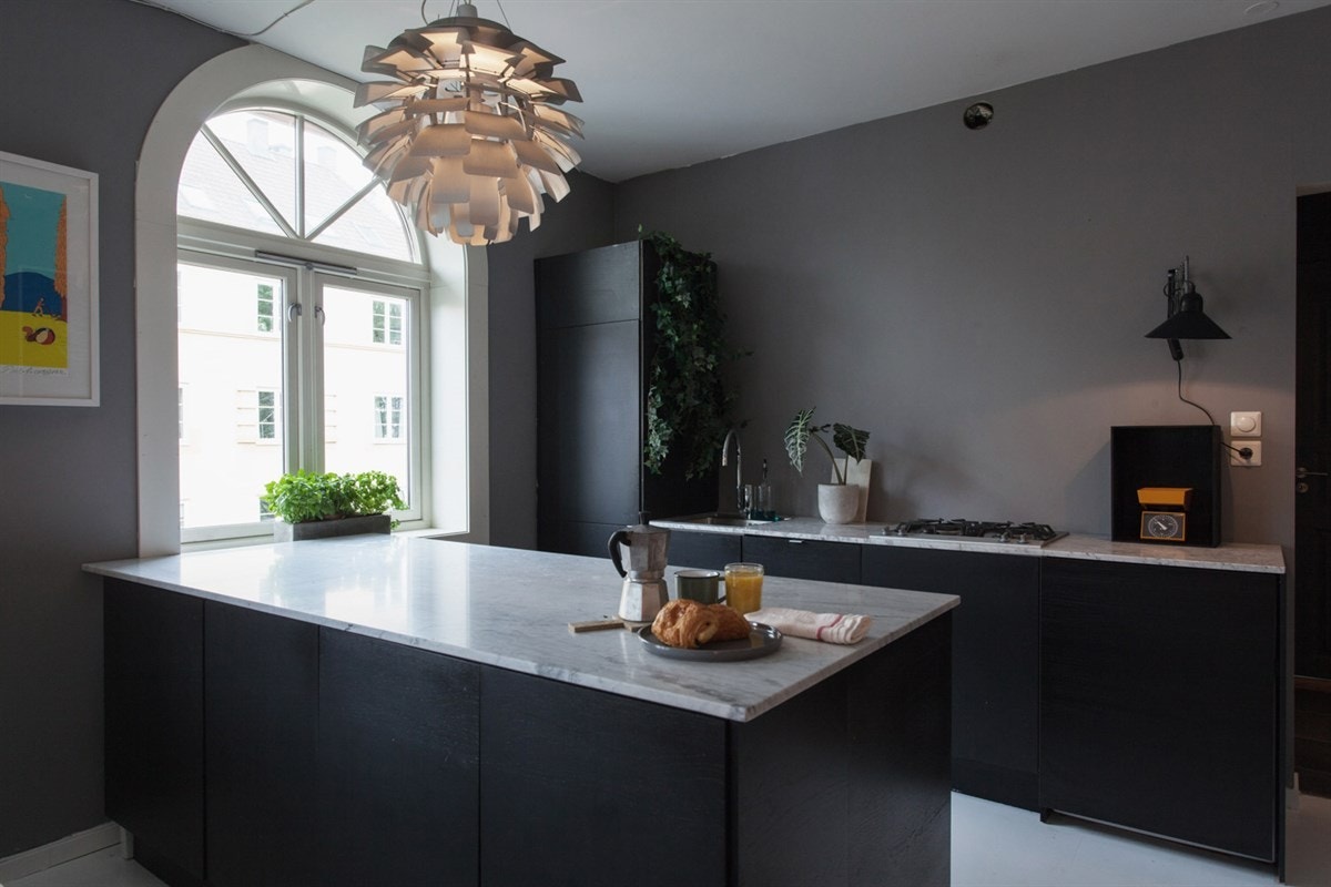 Lekkert kjøkken med integrert komfyr med gass-topp, kjøleskap, frys, oppvaskmaskin og vaskemaskin Galleribilde