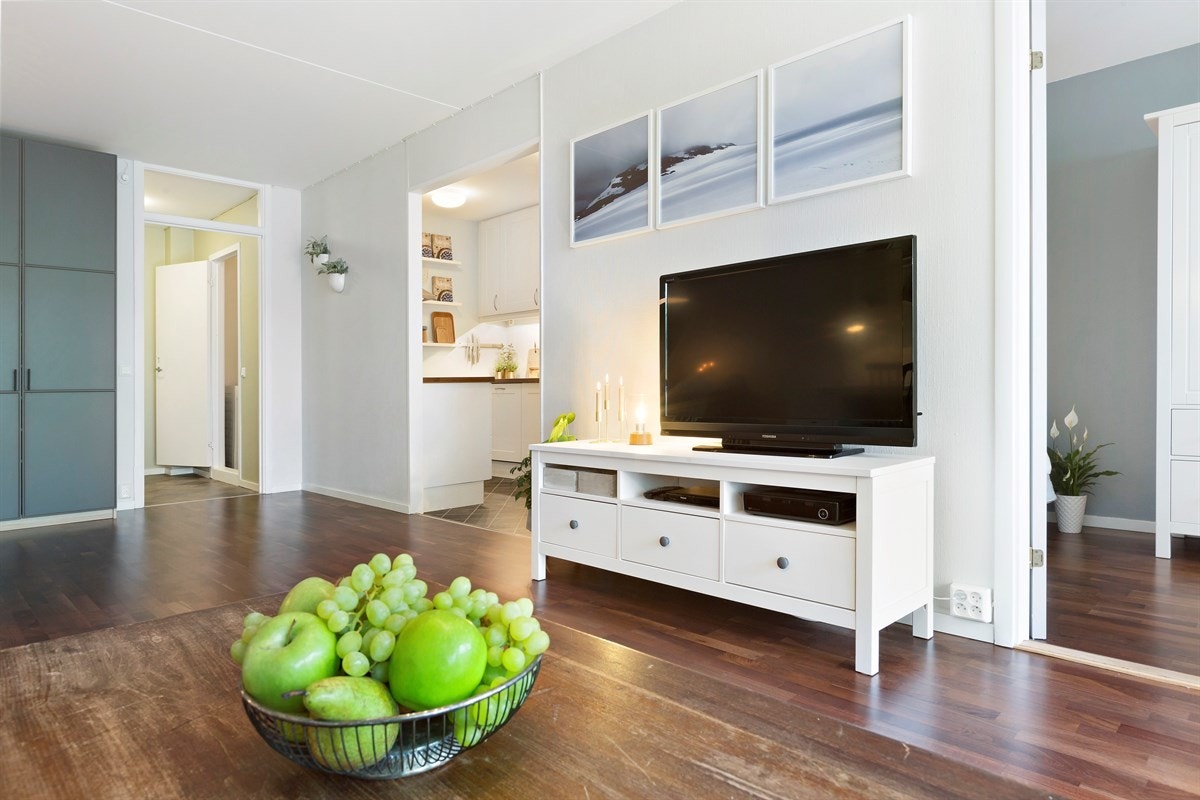 Leiligheten er godt vedlikeholdt med nymalte flater i stue og gang i 2017 Galleribilde