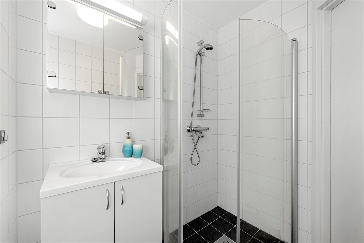 Badet har også veggmontert toalett, dusjhjørne med innfellbare glassdører, samt opplegg for vaskemaskin og tørketrommel. Galleribilde