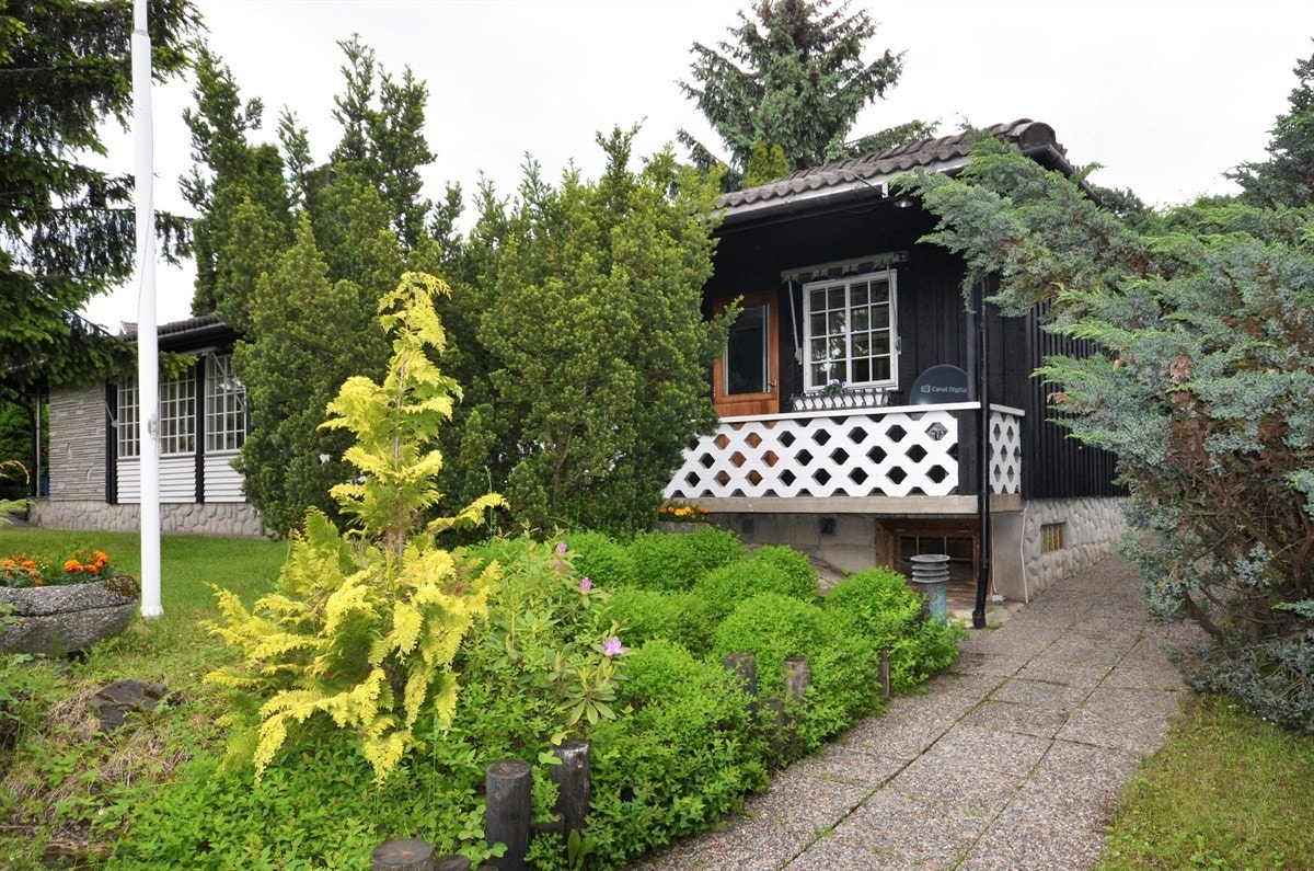 Huset og haven sett fra innkjørselen. Hellebelagt til inngangsdøren. Galleribilde