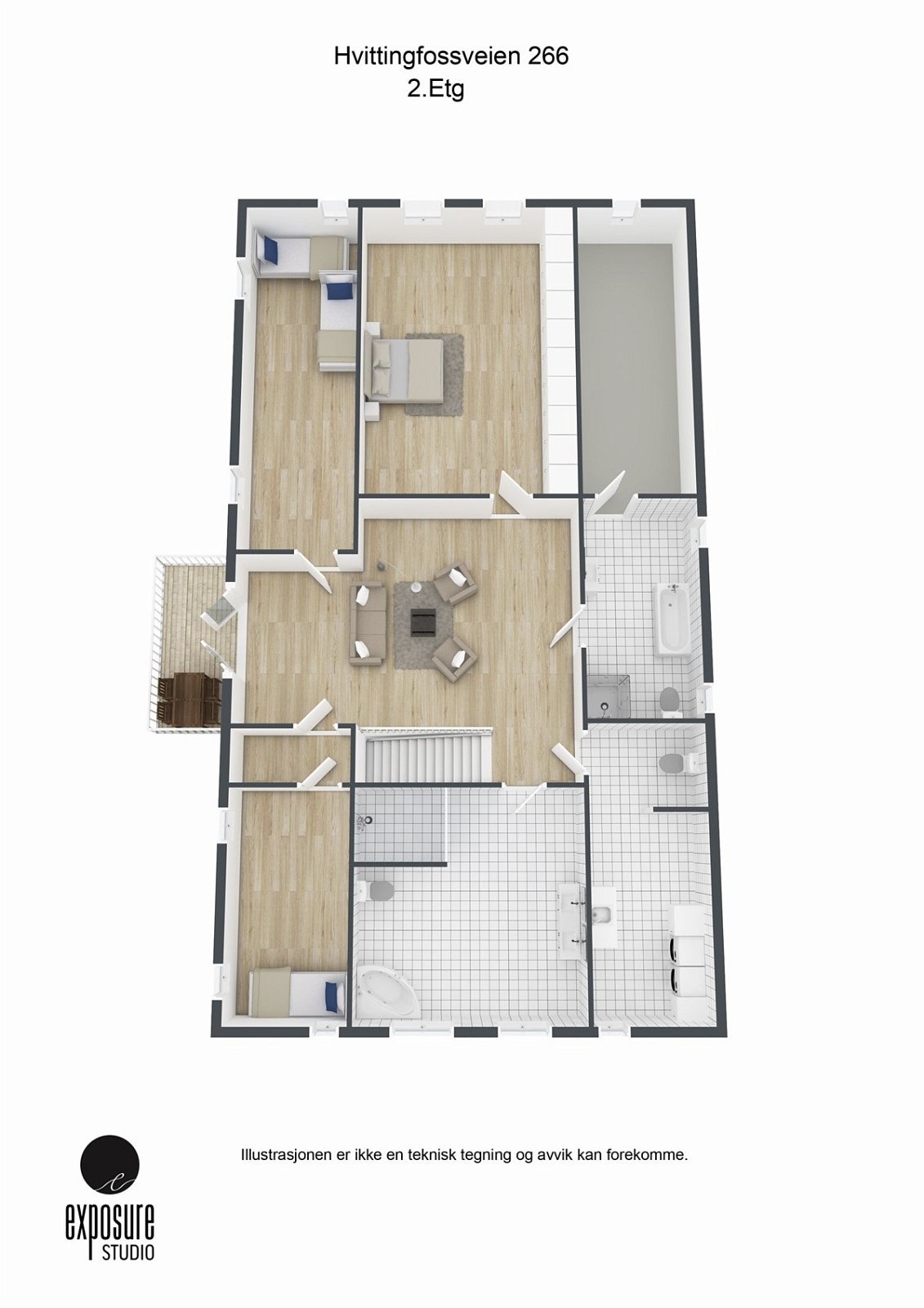 Plantegning 2. etasje i 3d. Galleribilde