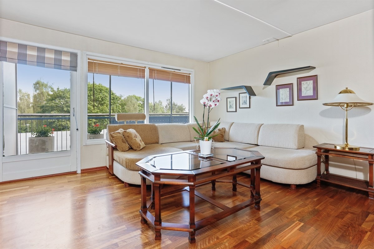 Stue med store vinduer. Usjenert beliggenhet med lite innsyn Galleribilde