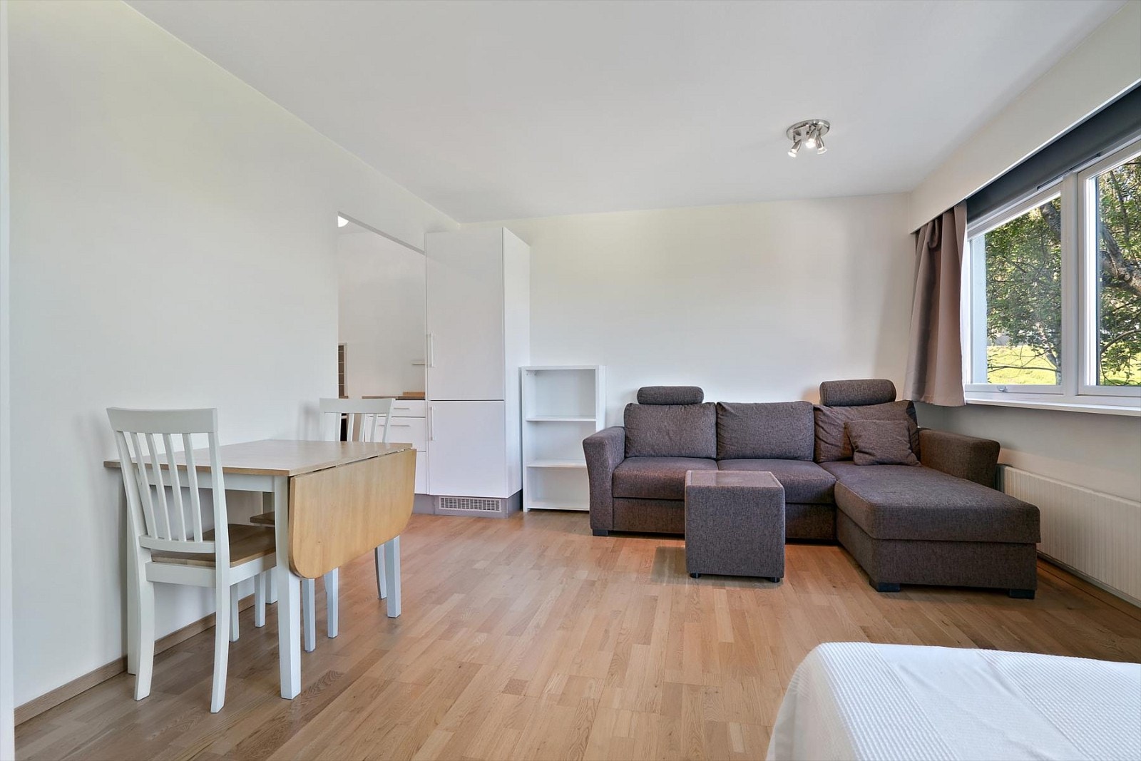 Leiligheten har en smart planløsning slik at den er enkel å møblere inn i ulike soner og her har du spiseplass, tv krok og plass til seng. Galleribilde