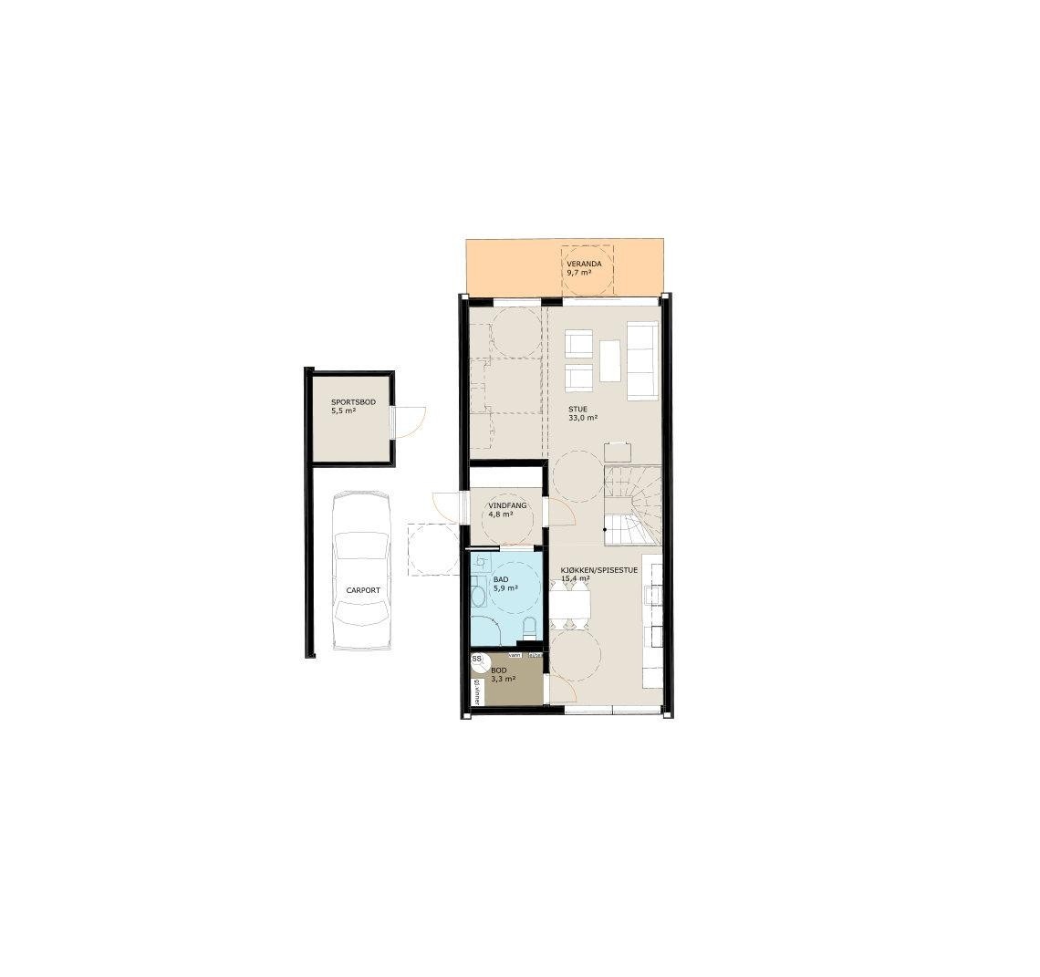 3D plantegning 1. etasje. Galleribilde