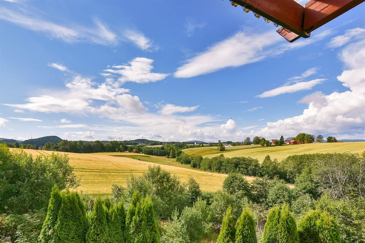 Hovedstuen i første etasje har utgang til en overbygd terrasse med nydelig utsikt over det bugnende åkerlandskapet. Galleribilde