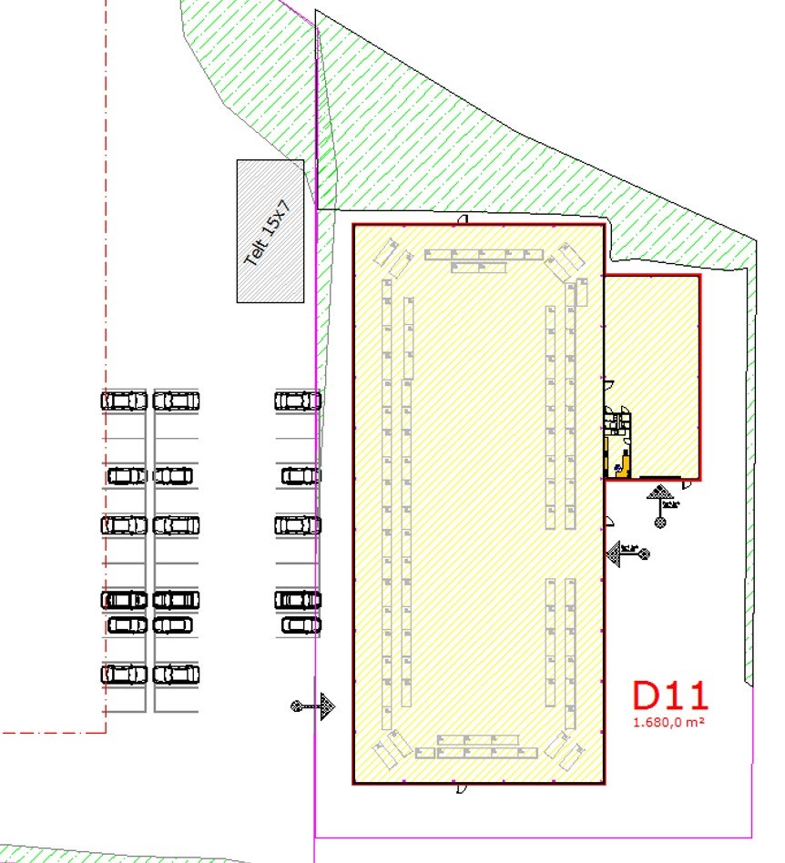Tomteplan- markerte områder; lilla er fellesareal / fargede er ledige Galleribilde