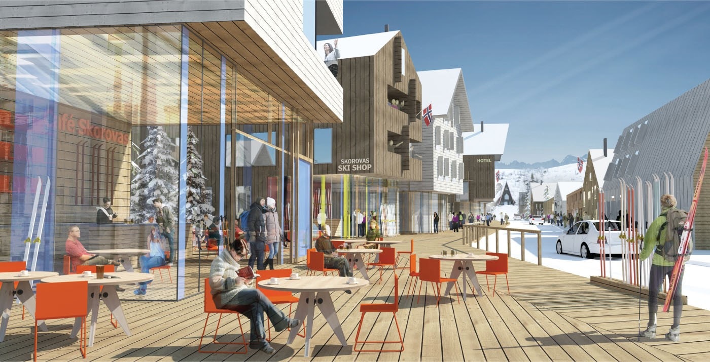 Visualisering av landsbygata fra "Visjonen om Skorovas 2040" Galleribilde