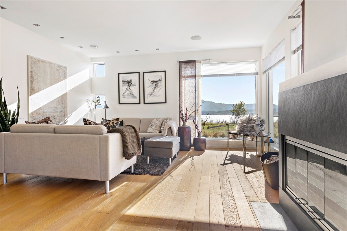 Utsikt mot Børvasstindene. Peis til høyre har glassdører. Galleribilde