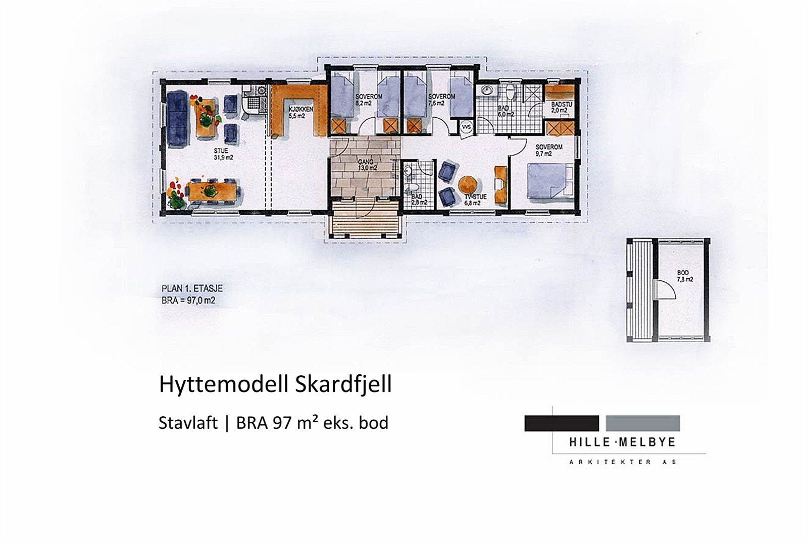 Kjøkken, spisestue og peisestue i åpen løsning. TV-stue, 3 soverom, 2 baderom og badstue. Galleribilde
