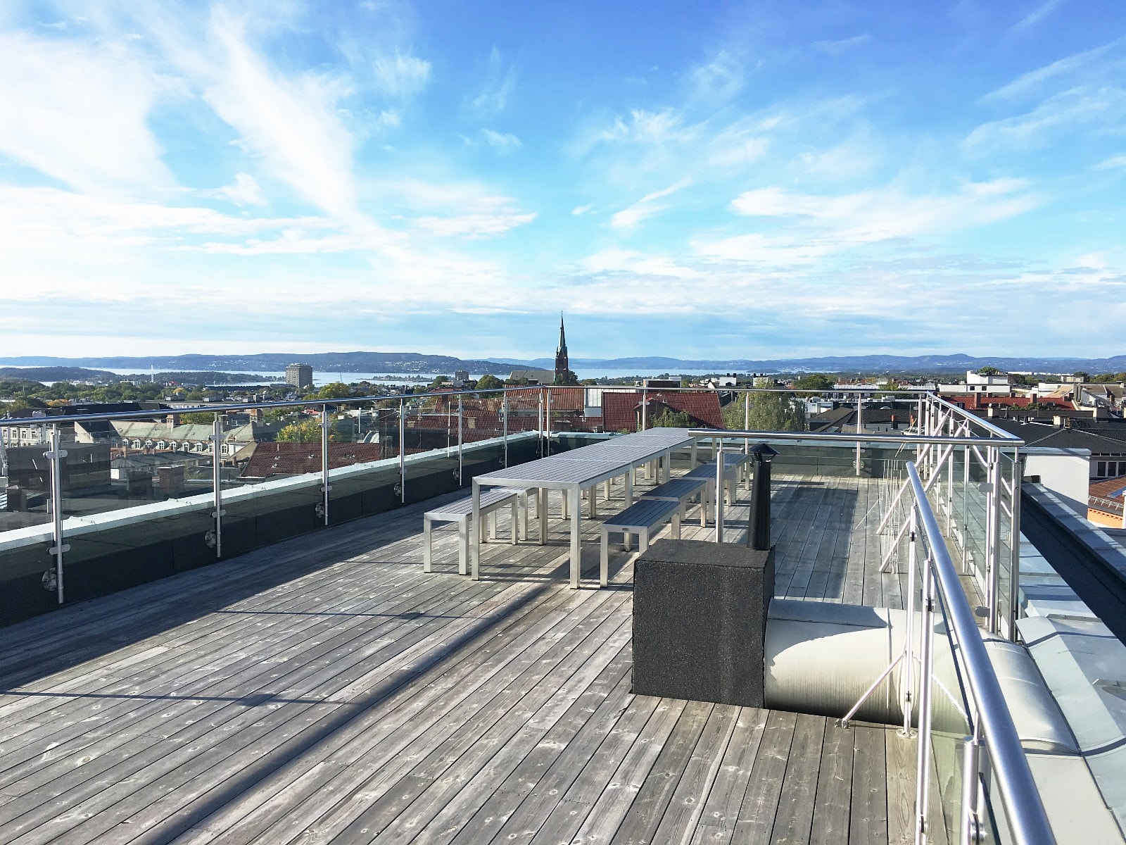 Takterrasse med imponerende utsikt, hvor du kan nyte utelunsj, friskluft og sol. Galleribilde