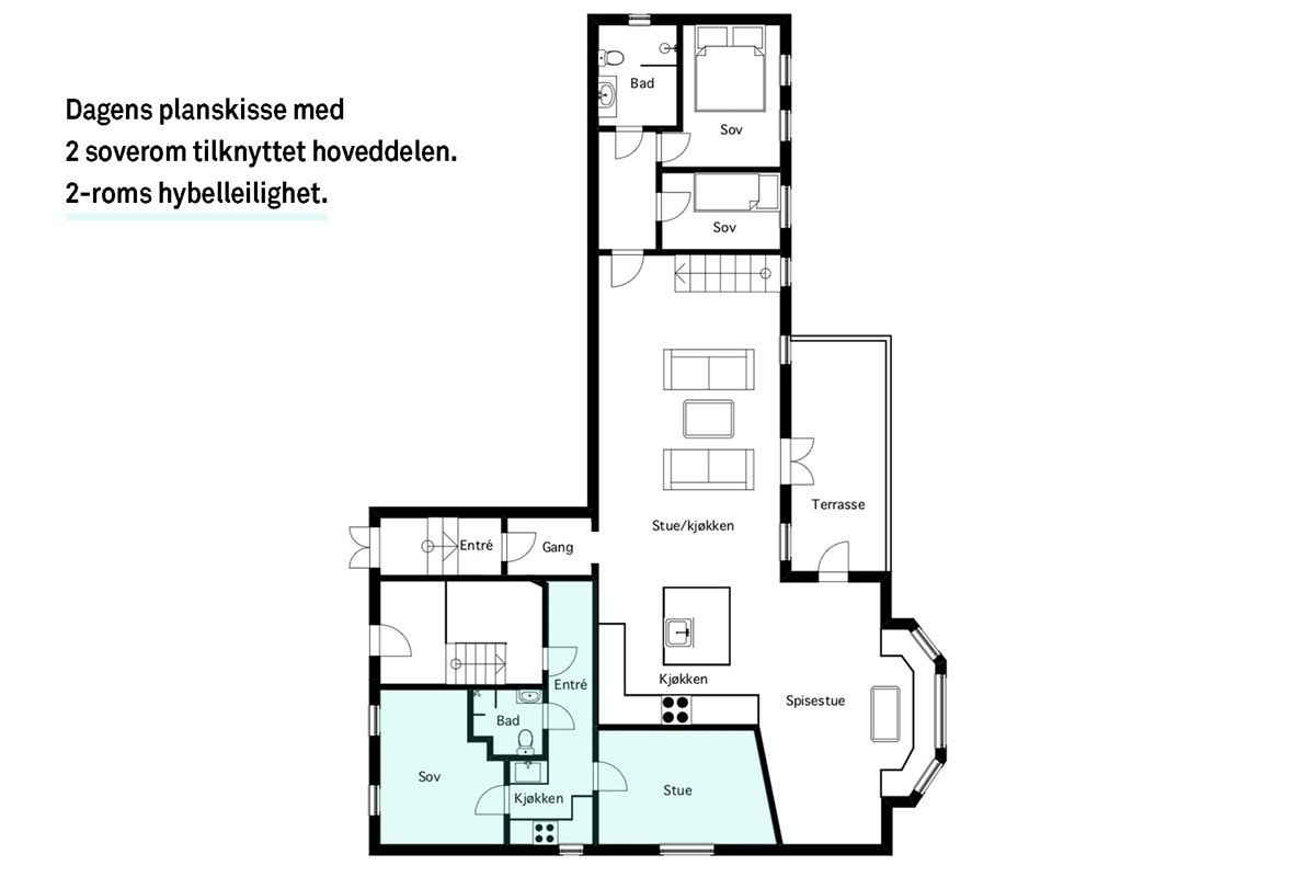 1. etasje: Entré, hall, stue og spisestue med åpent kjøkken, mellomgang, bad og to soverom. Utgang til terrasse og hage fra stue og spisestue. Utleiedel: Entré, bad, soverom, kjøkken og stue. Galleribilde
