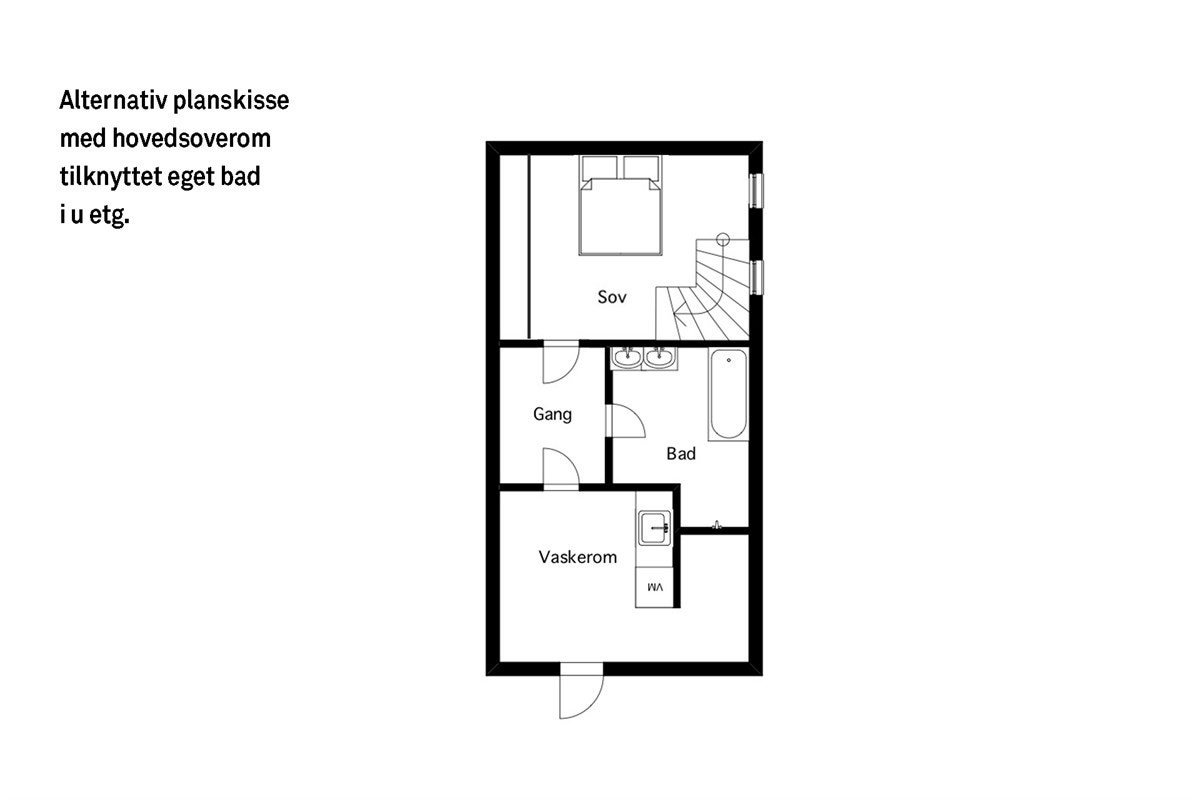 Alternativ planløsning med etablering av hovedsoverom tilknyttet eget bad i underetasjen. Galleribilde